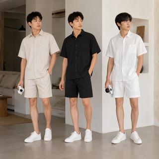 Bộ Đũi Nilen Nam  Áo Sơ Mi Cộc Tay Quần Short Mềm Mát Thoáng Khí Form Rộng Trẻ Trung Dễ Phối Đồ BHN101