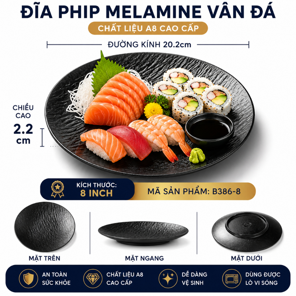 Đĩa Phip Melamine Vân Đá Chất Liệu  A8 Cao Cấp – Đẳng Cấp Nhà Hàng, Khách Sạn 386-8 Đen