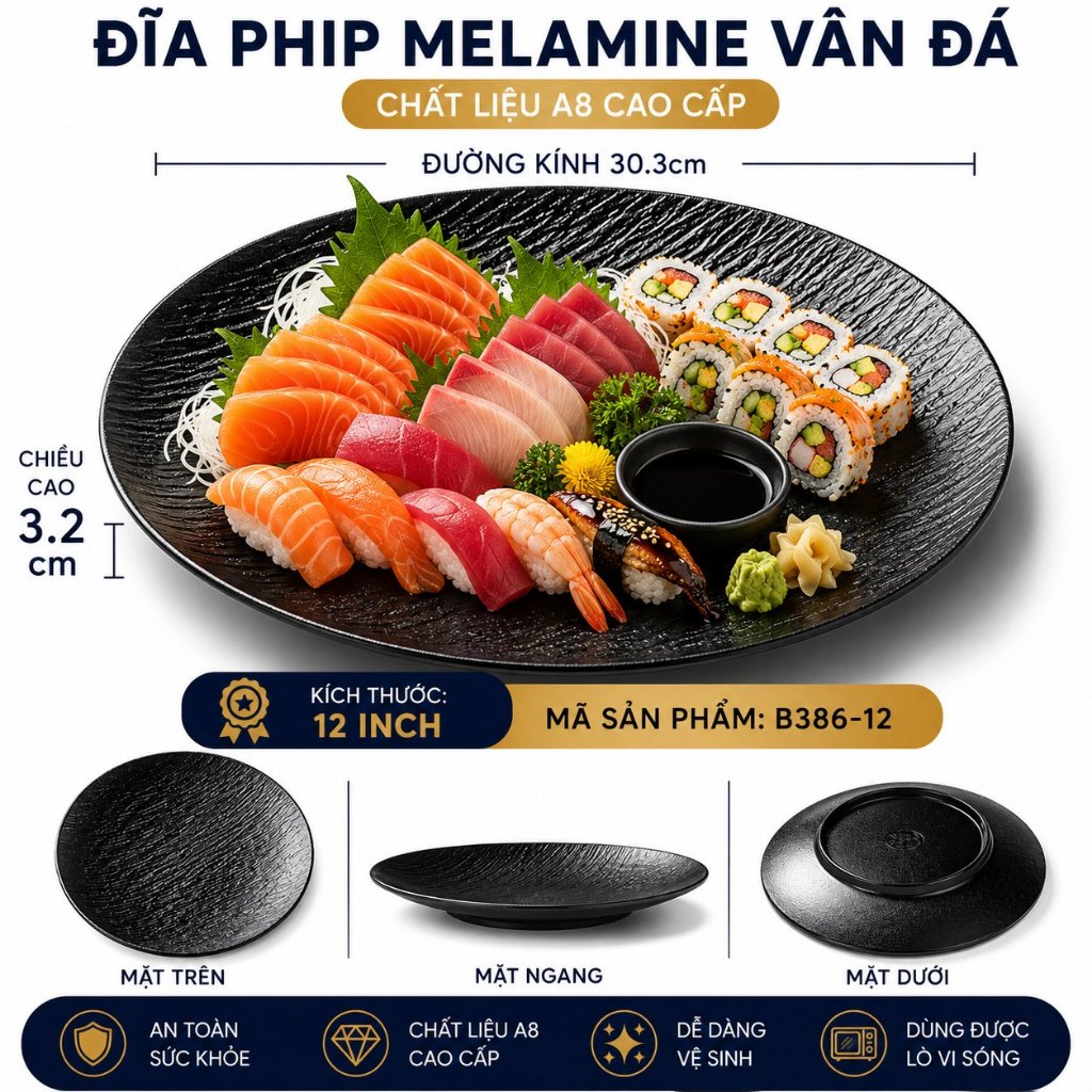 Đĩa Phip Melamine Vân Đá Chất Liệu  A8 Cao Cấp – Đẳng Cấp Nhà Hàng, Khách Sạn 386-12 Đen