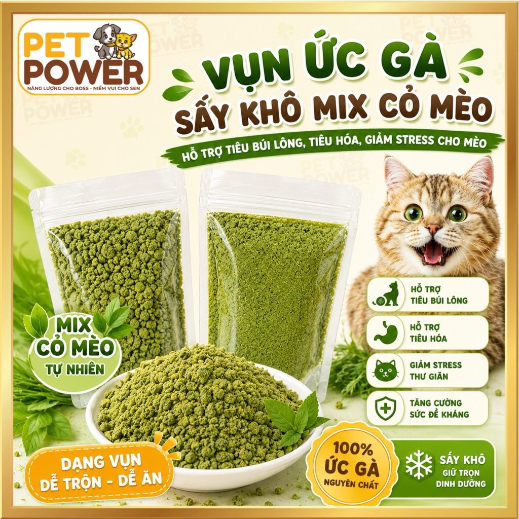[Zip 100G]- Vụn Ức Gà Sấy Khô Mix Cỏ Mèo Hỗ Trợ Tiêu Búi Lông, Tiêu Hóa, Giảm Stress Cho Mèo