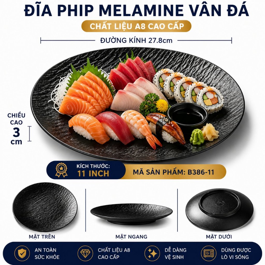 Đĩa Phip Melamine Vân Đá Chất Liệu  A8 Cao Cấp – Đẳng Cấp Nhà Hàng, Khách Sạn 386-11 Đen