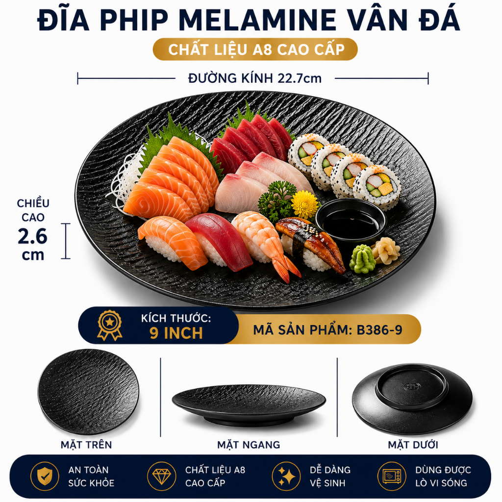 Đĩa Phip Melamine Vân Đá Chất Liệu  A8 Cao Cấp – Đẳng Cấp Nhà Hàng, Khách Sạn 386-9 Đen