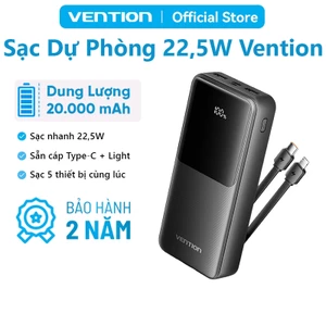 Pin Sạc Dự Phòng 20000mAh 22.5W Vention Sẵn Cáp Type-C & Light, Sạc Nhanh PD QC, LED Hiển Thị Pin, Đạt Chuẩn Máy Bay