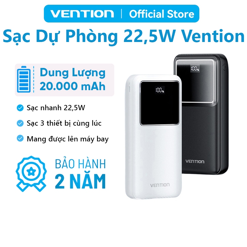 Pin Sạc Dự Phòng 30000mAh 22.5W Vention, 3 Cổng USB/Type-C/Micro, Sạc Nhanh PD3.0, Dung Lượng Lớn Cho Điện Thoại