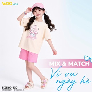 Áo Thun Không Cổ Bé Gái DTS26S025R | Wookids | Áo Thun Trẻ Em 2-9 Tuổi | Cotton Mềm Mát, Dễ Thương