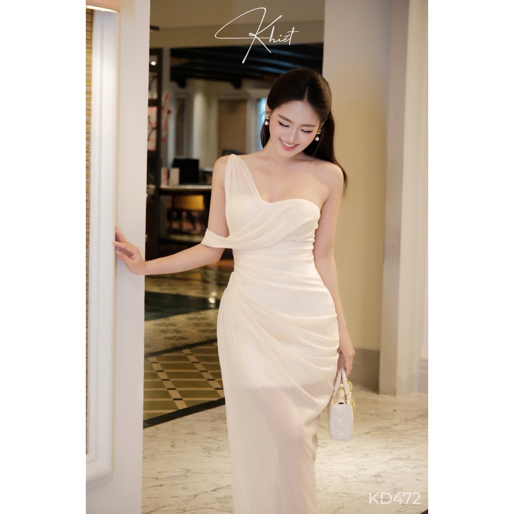 Đầm dạ tiệc Khiết Style thiết kế lệch vai kiêu sa, phủ tơ tằm draping rũ mềm phong cách quý phái KD472