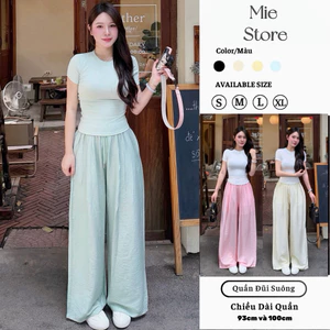 {Có dáng nấm -hai lớp} Quần Linen đũi tơống suông rộng cạp chun dây rút màu pastel M9300