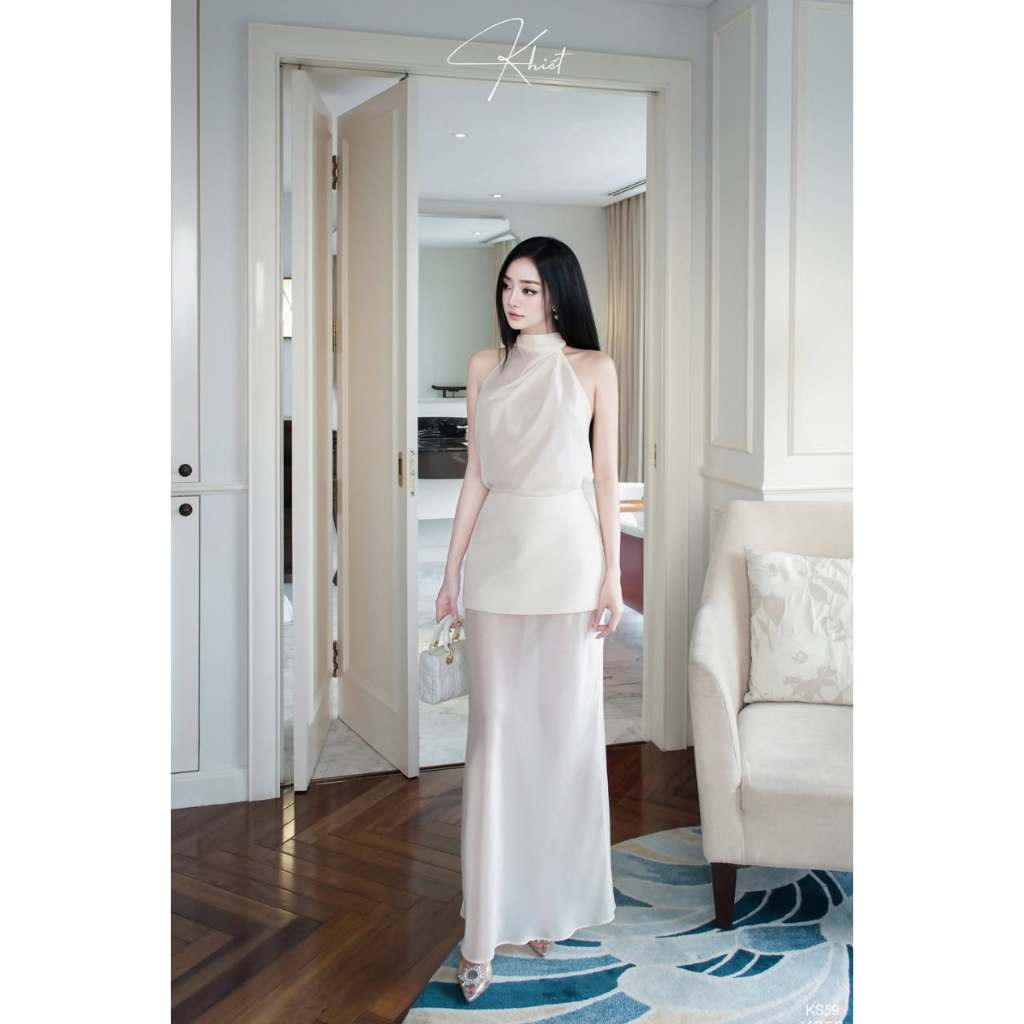 Set áo khoét vai Khiết Fashion liền váy màu kem tinh tế phù hợp đi tiệc KS59