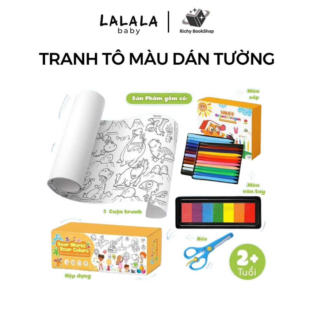 Tranh tô màu dán tường thông minh khổ lớn dài 3m Lalala Baby tặng kèm màu vẽ và kéo - Richy bookshop