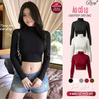 Áo Thun Tay Dài Cổ Lọ Croptop Dáng Ôm Body, Áo Thun Cổ Cao Dài Tay Basic Cá Tính Thun Gân TD04 Rusy