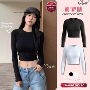 Áo Thun Nữ Tay Dài Cổ Tròn Croptop Thun Gân Ôm Body Co Giãn Thoải Mái Mặc Đi Làm Đi Cafe TD02 RUSY