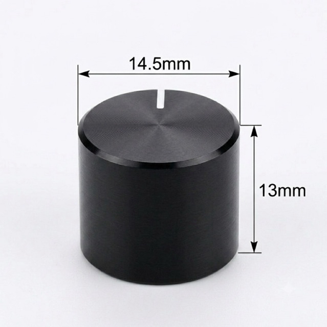Núm vặn chiết áp nhôm phay đen - Kích thước 14.5x13mm, cán D bán nguyệt cao cấp cho Amply/Loa