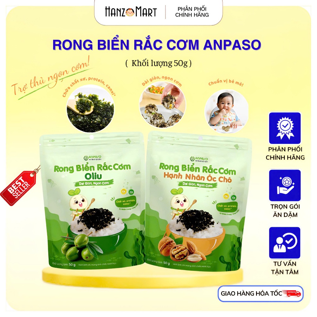 Rong biển rắc cơm Anpaso 50g - Rong biển vụn ăn liền, trộn cơm cho bé vị Oliu và Hạnh nhân óc chó