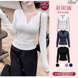 Áo Kiểu Thun Tay Dài Cổ Trụ Trơn Basic Dáng Dài Ôm Body, Áo Thun Nữ Tay Dài Cổ V Kiểu Sexy TD09 Rusy