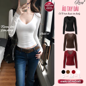 Áo Thun Tay Dài Cổ V Trơn Basic Dáng Dài Ôm Body, Áo Kiểu Thun Nữ Tay Dài Kiểu Sexy TD08 Rusy