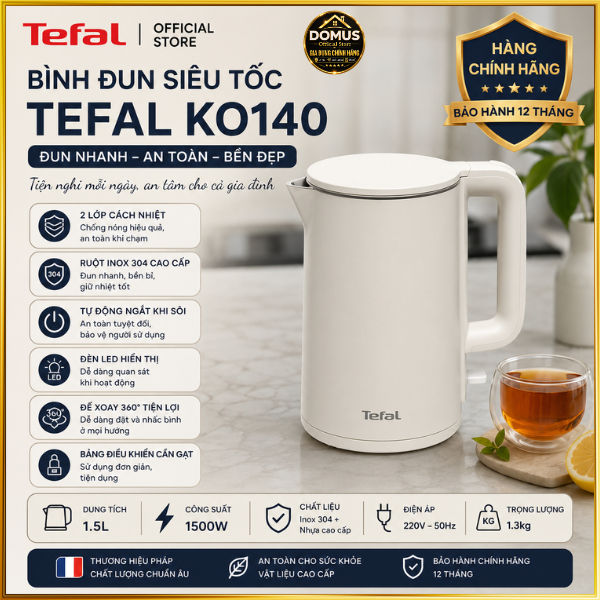 Ấm Đun Siêu Tốc Tefal KO140 1.5L 1500W | Inox 304 2 Lớp Cách Nhiệt | Đế Xoay 360° | Tự Ngắt Khi Sôi | Hàng Chính Hãng