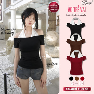 Áo Thun Trễ Vai Phối Cổ Yếm Xoắn Chất Borip Mềm Mại Tôn Dáng, Áo Kiểu Trễ Vai Nữ Co Giãn TN03 RUSY