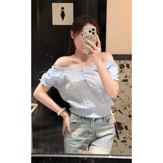𝐏𝐡𝐢𝐞𝐧 𝐖𝐆𝐖𝐄 | w9679 Áo Trễ Vai Kẻ Đồng Màu Bo Chun Tay Ngắn Bồng Nhẹ