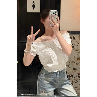 𝐏𝐡𝐢𝐞𝐧 𝐖𝐆𝐖𝐄 | w9679 Áo Trễ Vai Kẻ Đồng Màu Bo Chun Tay Ngắn Bồng Nhẹ