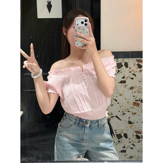 𝐏𝐡𝐢𝐞𝐧 𝐖𝐆𝐖𝐄 | w9679 Áo Trễ Vai Kẻ Đồng Màu Bo Chun Tay Ngắn Bồng Nhẹ