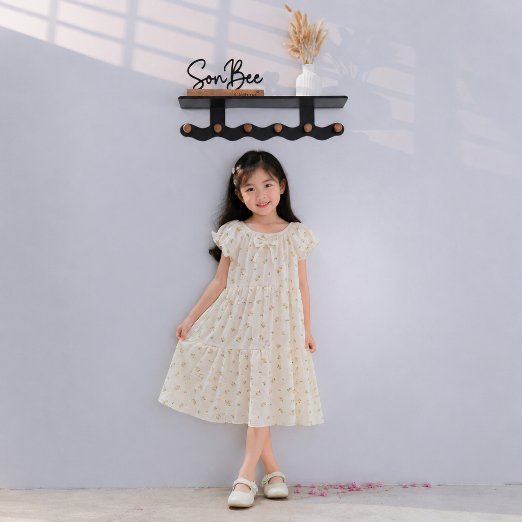 Váy 3 Tầng Cho Bé - SONBEE Chất Liệu xô muslin Cổ Tròn Tay Bo Chun Xòe Nhẹ Dáng Công Chúa Dễ Thương