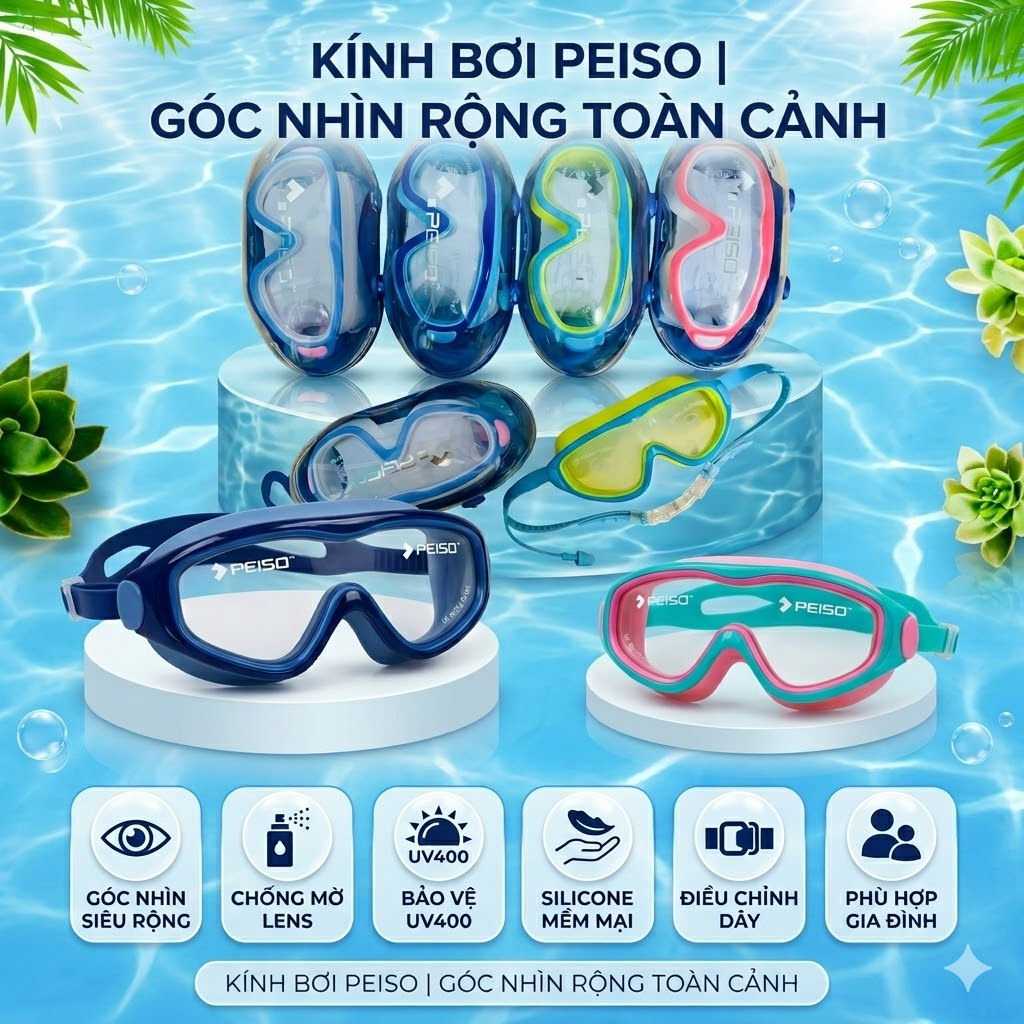 Kính bơi thể thao PEISO có bịt tai, góc nhìn Panorama siêu rộng, chống nước, sương mù và tia UV tốt