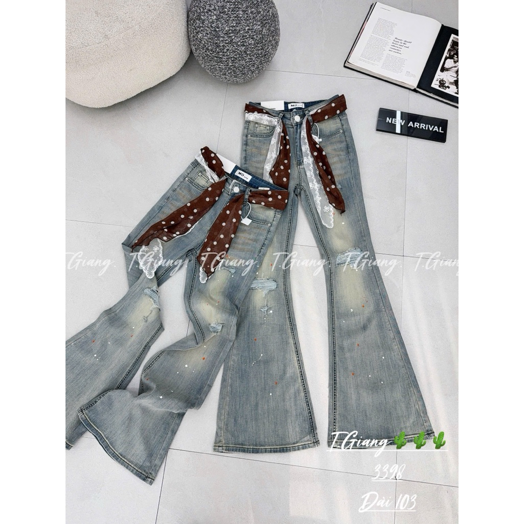 Jean loe rách kèm khăn chấm bi xinh  Sz: S M L(103cm qc)