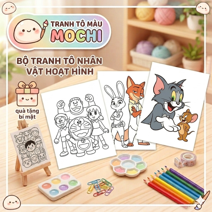 Bộ 50 tranh tô màu hoạt hình Mochi tranh tô màu cho bé nhiều hình đồ chơi giấy thủ công bé (T03)