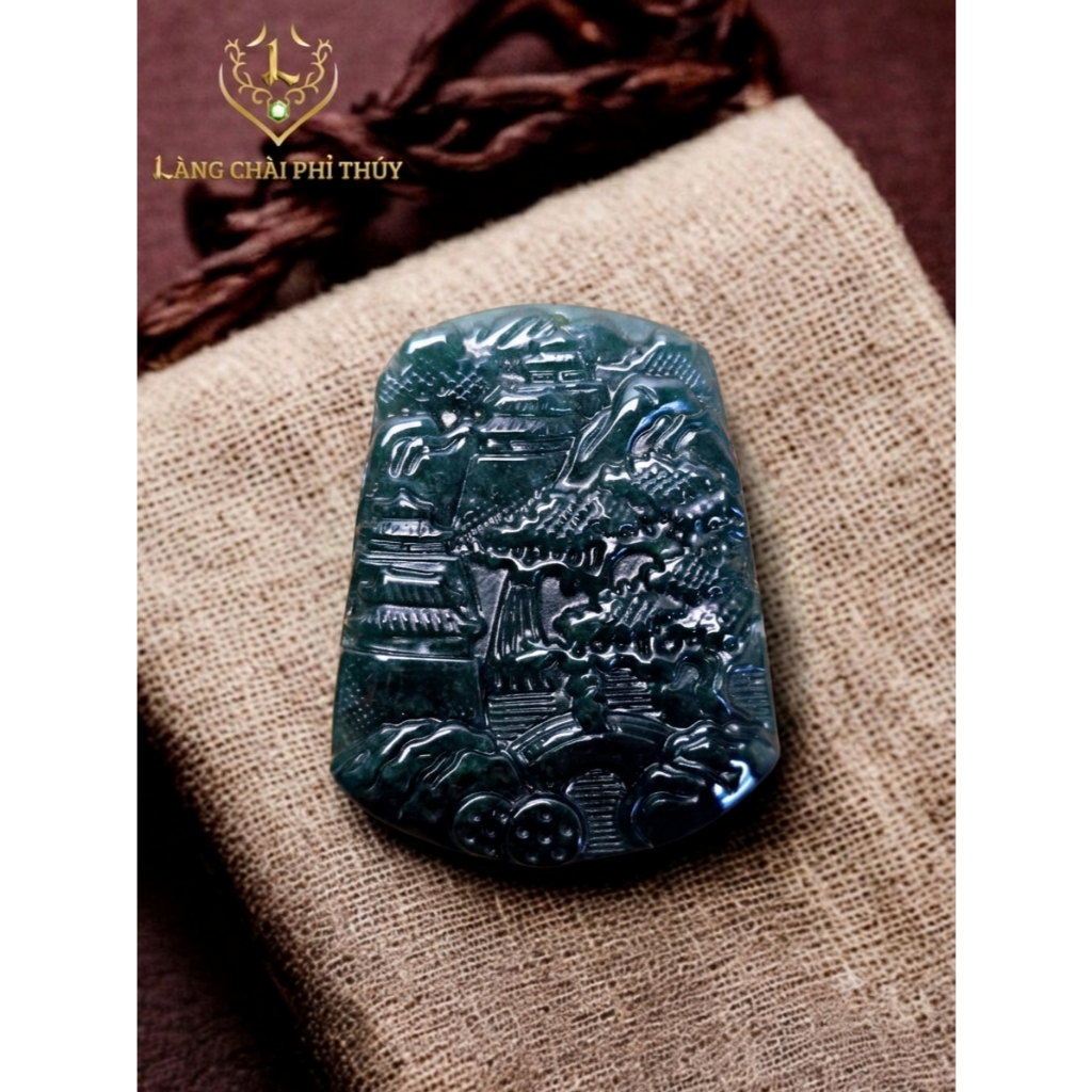 Dây chuyền Sơn Thuỷ Bài (STB) màu Lão Lam Thủy - ngọc jadeite (phỉ thuý) Tuyp A