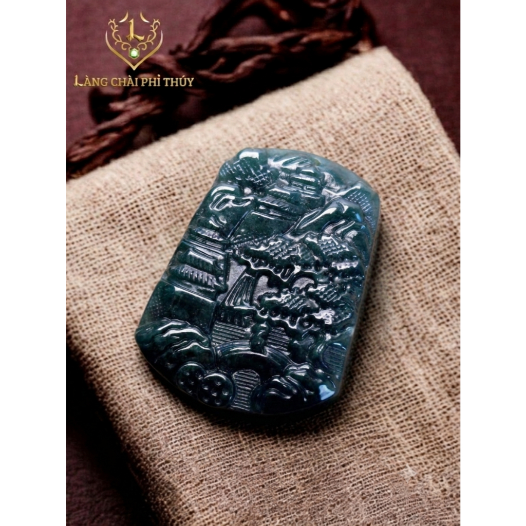 Dây chuyền Sơn Thuỷ Bài (STB) màu Lão Lam Thủy - ngọc jadeite (phỉ thuý) Tuyp A
