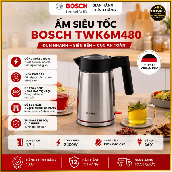 Ấm Siêu Tốc Bosch TWK6M480 1.7L Inox Cao Cấp 2400W | Đế Xoay 360° | Tự Ngắt An Toàn | Hàng Chính Hãng Bảo Hành 12 Tháng