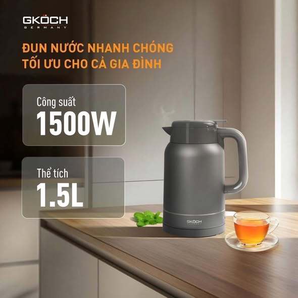 Ấm Đun Giữ Nhiệt GKÖCH 2IN1 1.5L Công Nghệ Đức | Đun Sôi Nhanh 1500W | Inox 304 | Giữ Nhiệt Lâu | Bảo Hành 12 Tháng