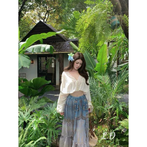 Set áo sơ mi phối ren chân váy maxi loang