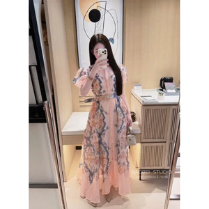 Đầm ZMM hoa văn tay bồng kèm đai dáng dài