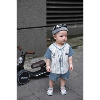 Set Đồ Bé Trai Yankees,Áo Baseball Kẻ Sọc+Quần Short Cotton Mềm,Bộ Quần Áo Bé Trai Mùa Hè 7-16kg A23