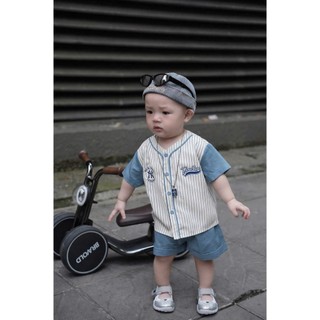 Set Đồ Bé Trai Yankees,Áo Baseball Kẻ Sọc+Quần Short Cotton Mềm,Bộ Quần Áo Bé Trai Mùa Hè 7-16kg A23