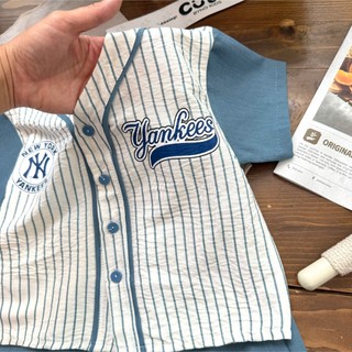 Set Đồ Bé Trai Yankees,Áo Baseball Kẻ Sọc+Quần Short Cotton Mềm,Bộ Quần Áo Bé Trai Mùa Hè 7-16kg A23