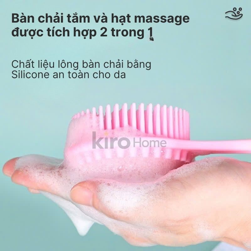 Cây Chà Lưng Tắm Silicon 2 Mặt,  Bàn Chải Cọ Lưng Cán Dài Chắc Chắn Kháng Khuẩn, Massage Cơ Thể