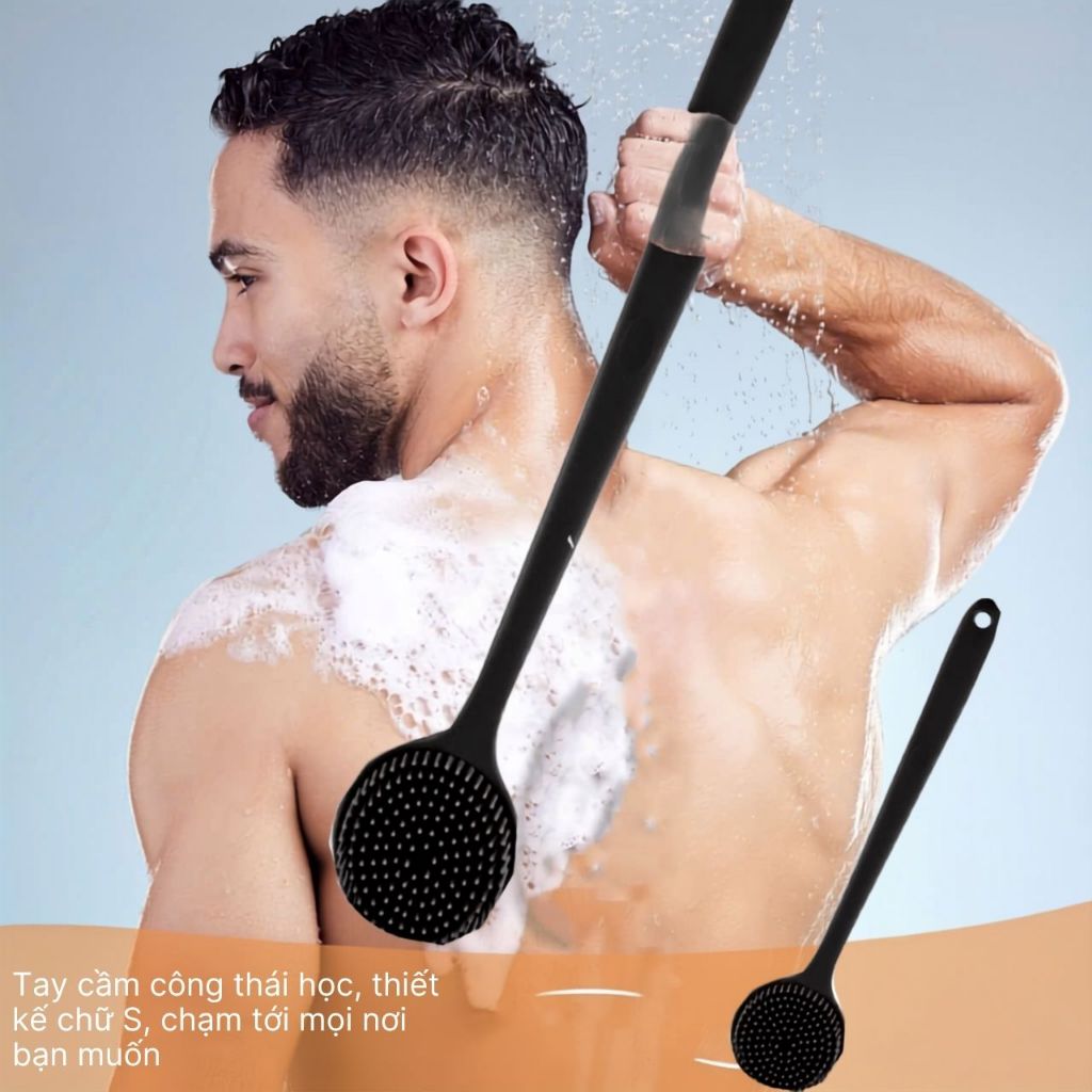 Cây Chà Lưng Tắm Silicon 2 Mặt,  Bàn Chải Cọ Lưng Cán Dài Chắc Chắn Kháng Khuẩn, Massage Cơ Thể