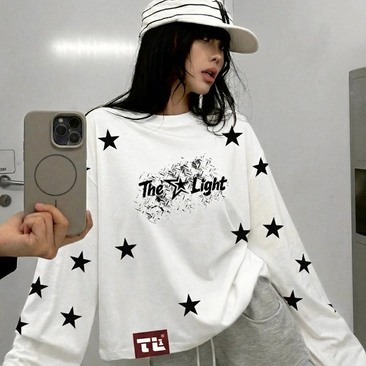 "THE LIGHT ANGEL & STAR" T-Shirt Long Sleeve Overboxy 280gsm Cotton 2 Chiều Trắng In Full Chame