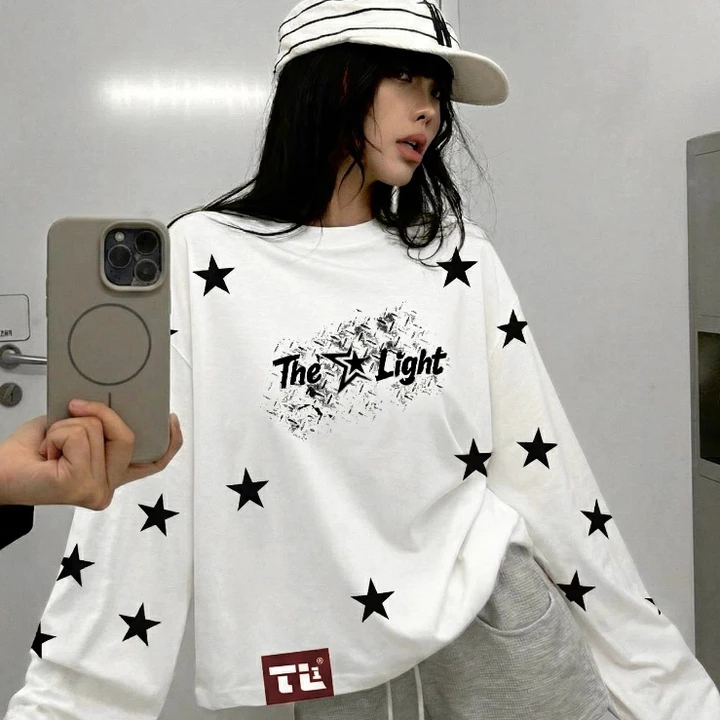 "THE LIGHT ANGEL & STAR" T-Shirt Long Sleeve Overboxy 280gsm Cotton 2 Chiều Trắng In Full Chame