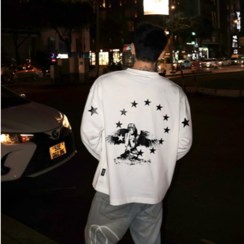 "THE LIGHT ANGEL & STAR" T-Shirt Long Sleeve Overboxy 280gsm Cotton 2 Chiều Trắng In Full Chame | BigBuy360 - bigbuy360.vn