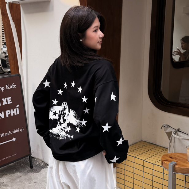 "THE LIGHT ANGEL & STAR" T-Shirt Long Sleeve Overboxy 280gsm Cotton 2 Chiều Trắng In Full Chame | BigBuy360 - bigbuy360.vn