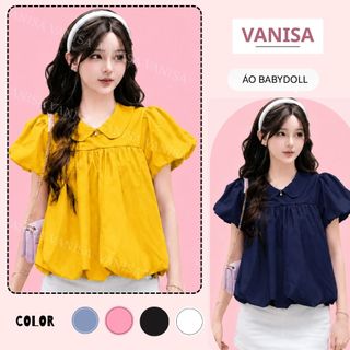 Áo sơ mi nữ dáng bí cổ bèo sen tay phồng xanh vàng trắng hồng hot trend Hàn Quốc VANISA SM105