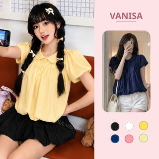 Áo babydoll nữ tay bồng cổ bèo sen form rộng trắng xanh đe hồng vàng cực xinh VANISA SM105