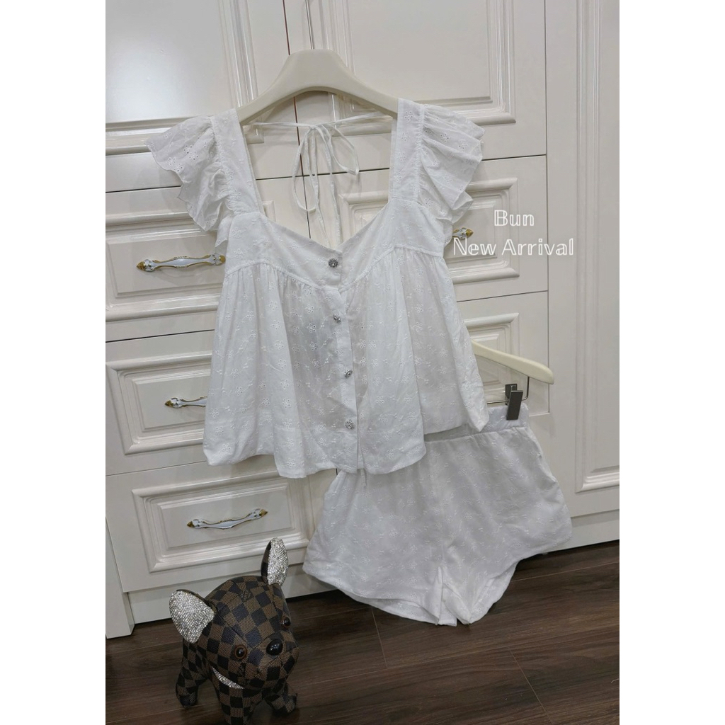 Áo đũi phối ren  S/M Set thô hoa nhí cúc đá hở lưng  S/M
