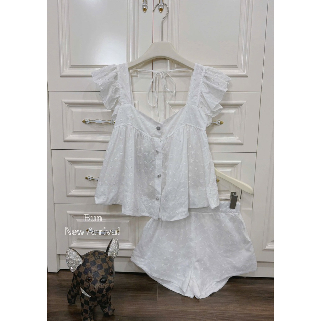 Áo đũi phối ren  S/M Set thô hoa nhí cúc đá hở lưng  S/M