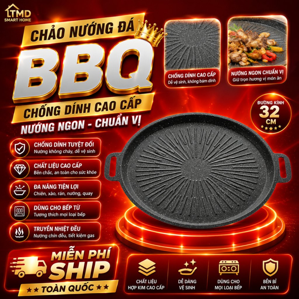 Chảo nướng đá chống dính không dầu Hàn Quốc size 32cm chảo nướng thịt BBQ dùng được cho cả bếp từ