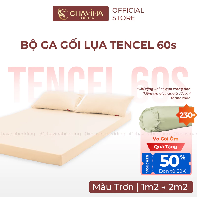 Bộ ga gối 3 món Lụa Tencel 60s Chavina Bedding size 1m2 đếm 2m2 bao gồm 1 drap và 2 vỏ gối nằm cao cấp — ảnh 1