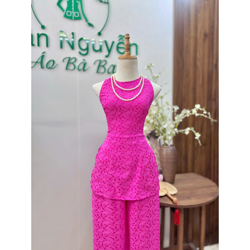 Hân Nguyễn Áo Bà Ba - B.A204 - Set Gấm Mùa Hè Họa Tiết Ánh Lông Công (Quần Lưng Thun Cùng Chất)